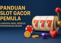 Ilustrasi 3D berkualitas tinggi bertema panduan slot gacor pemula menampilkan mesin slot emas, simbol scatter, dan tumpukan koin, merepresentasikan strategi bermain dari pemula hingga pro.
