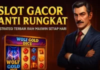Ilustrasi 3D slot gacor anti rungkat dengan simbol scatter, wild, dan Maxwin yang berkilau, dikelilingi koin emas serta ikon Wolf Gold Dice di latar kasino elegan.