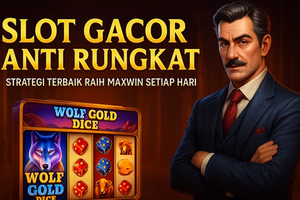Ilustrasi 3D slot gacor anti rungkat dengan simbol scatter, wild, dan Maxwin yang berkilau, dikelilingi koin emas serta ikon Wolf Gold Dice di latar kasino elegan.
